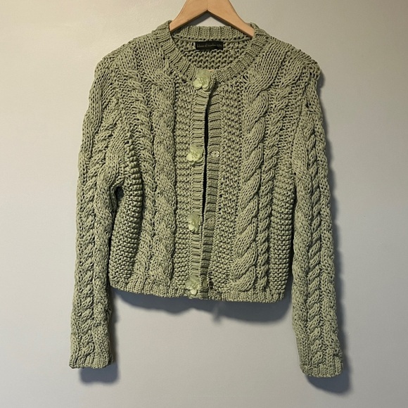House of Harlow 1960 Sweaters - House of Harlow 1960 Chunky Knit Cable Sweater - Green with Buttons Flowers